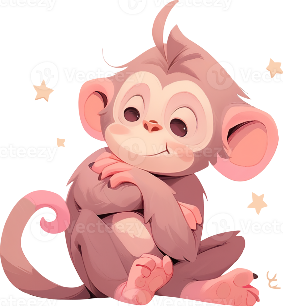 A pink monkey with a pink tail sits on a white background with AI