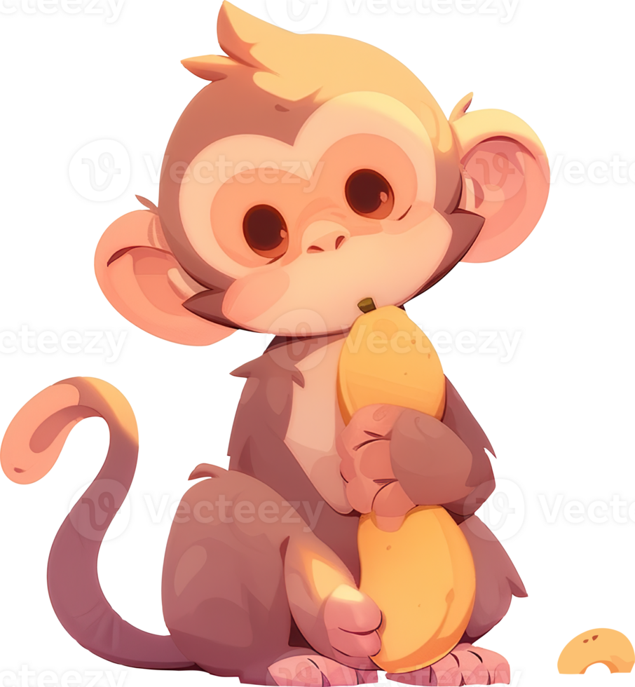 A monkey with a yellow tail sits on a white background with png
