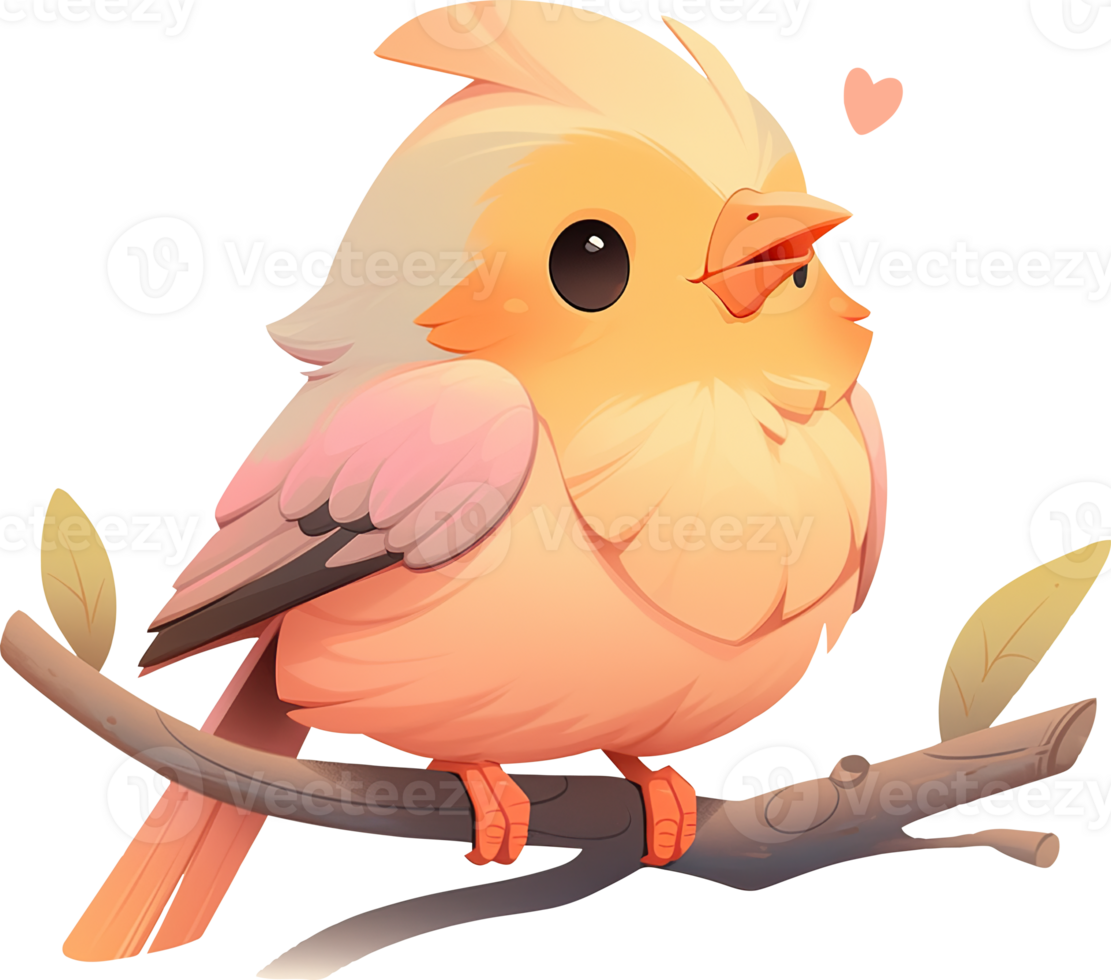 A yellow duck sits on a branch with a pink beak on it with png