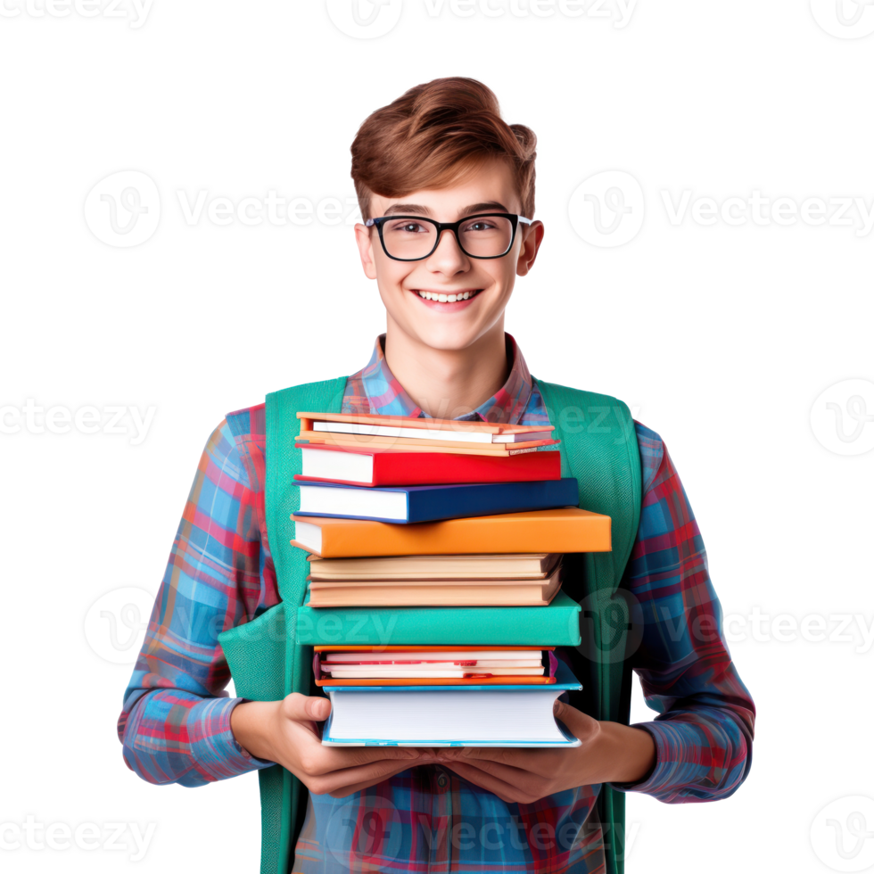 Happy student boy with books isolated png