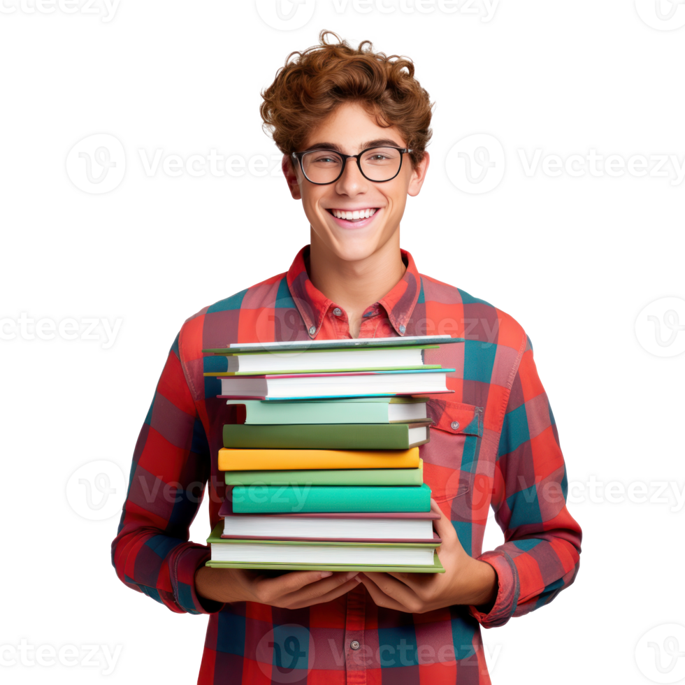 Happy student boy with books isolated png