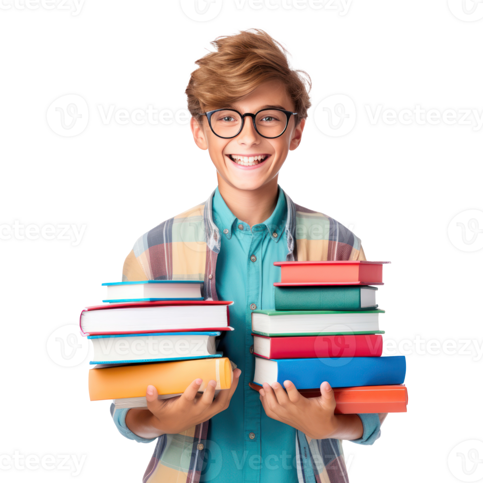 Happy student boy with books isolated png