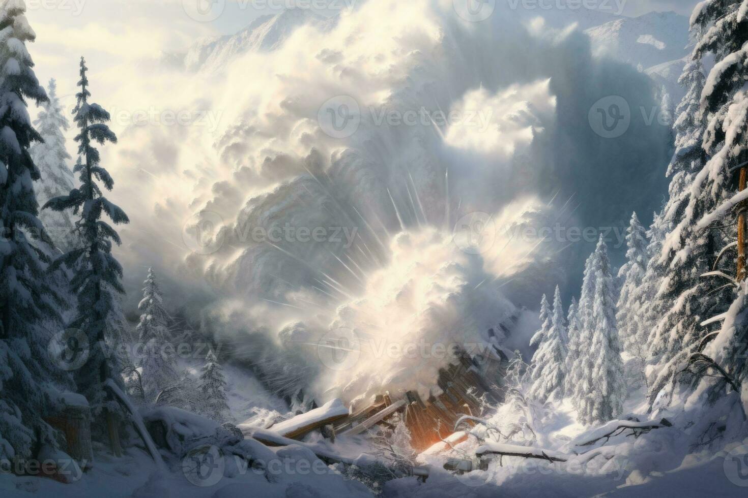 An avalanche is rumbling down a steep mountain slope. Generative AI photo