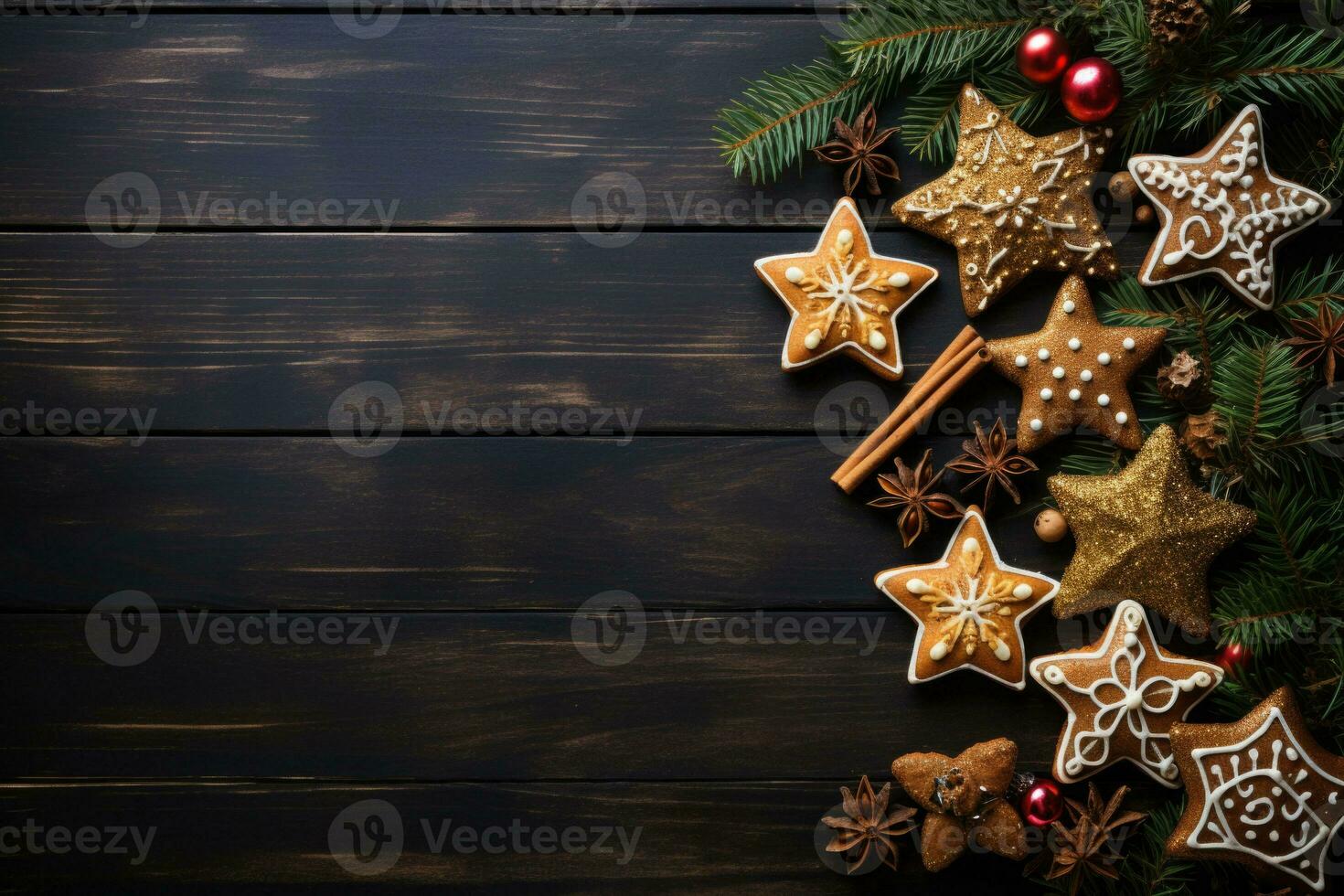 Christmas gingerbread decorations on wooden background, top view. AI generated photo