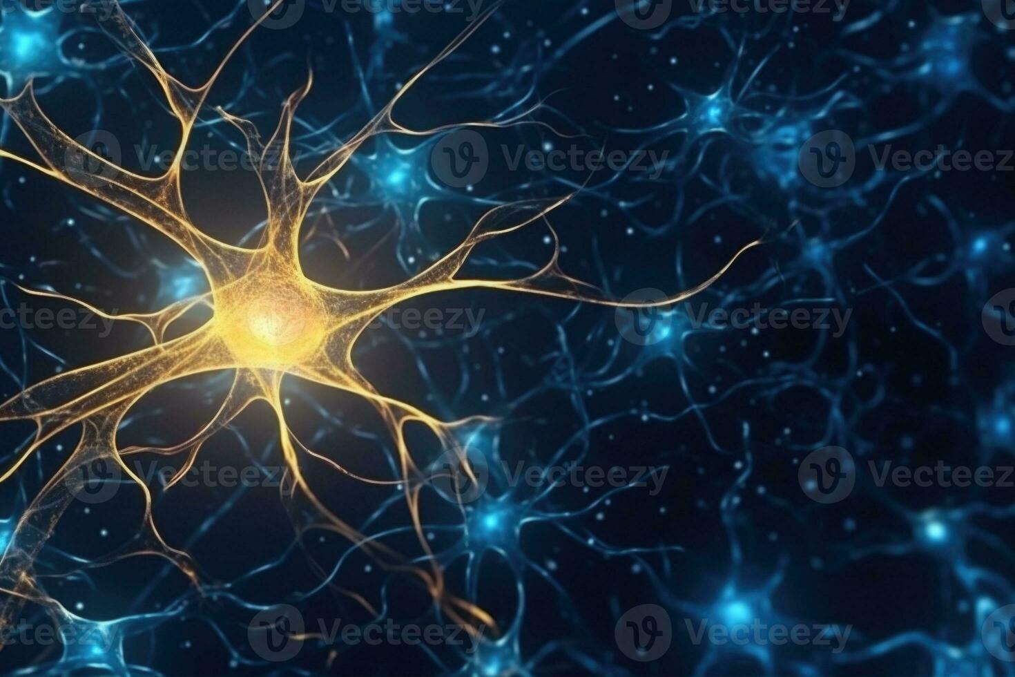 Nerve cell in blue and gold colors. System neuron of brain with synapses. Generative AI photo