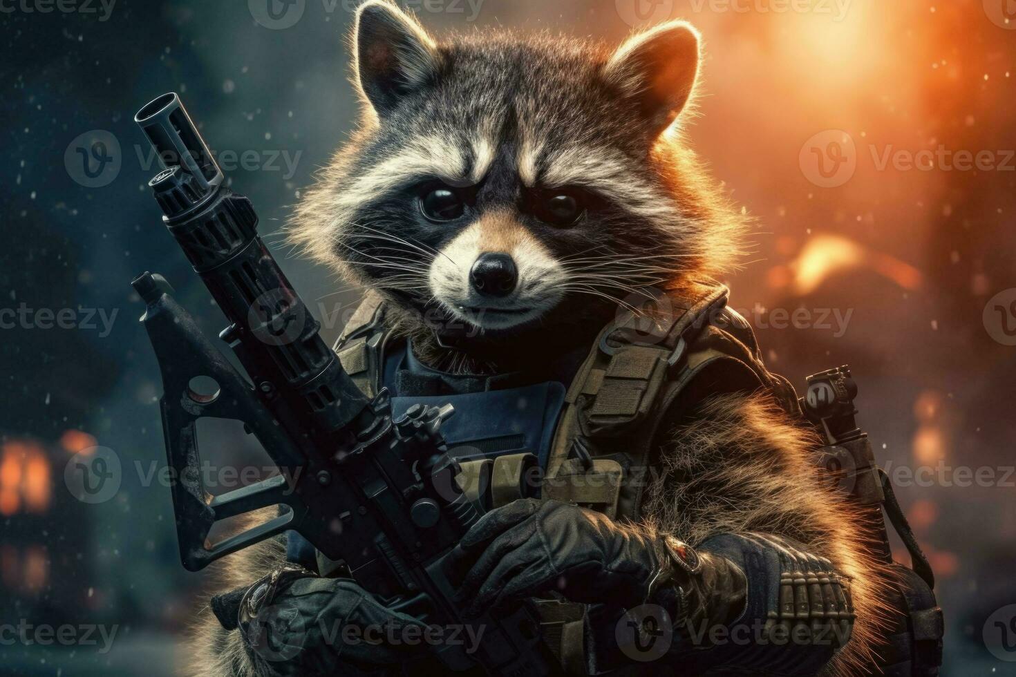 Racoon in body armor and with a machine gun. Beast in an armor with glowing eyes. Generative AI photo