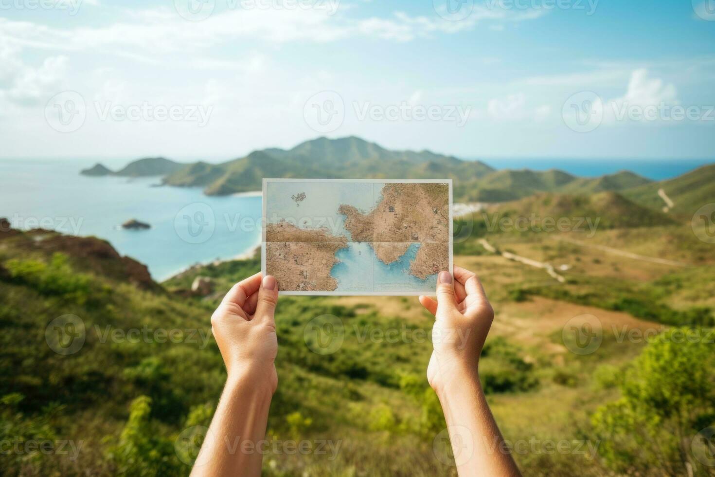 Unrecognizable tourist holds postcard in front of natural landscape. AI generated photo