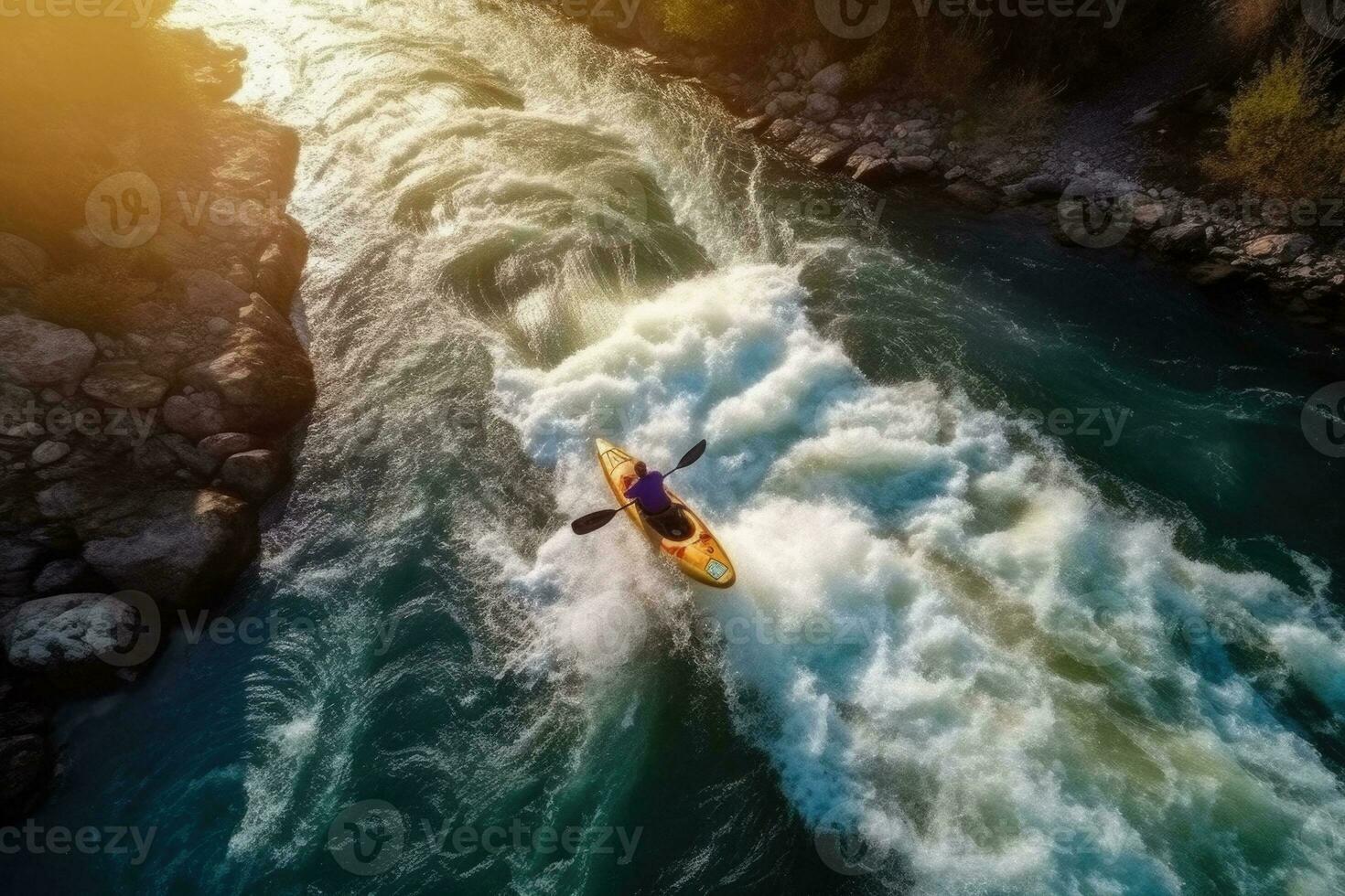 aéreo parte superior ver de extremo deporte. kayac paño montaña río. canotaje, kayak generativo ai foto