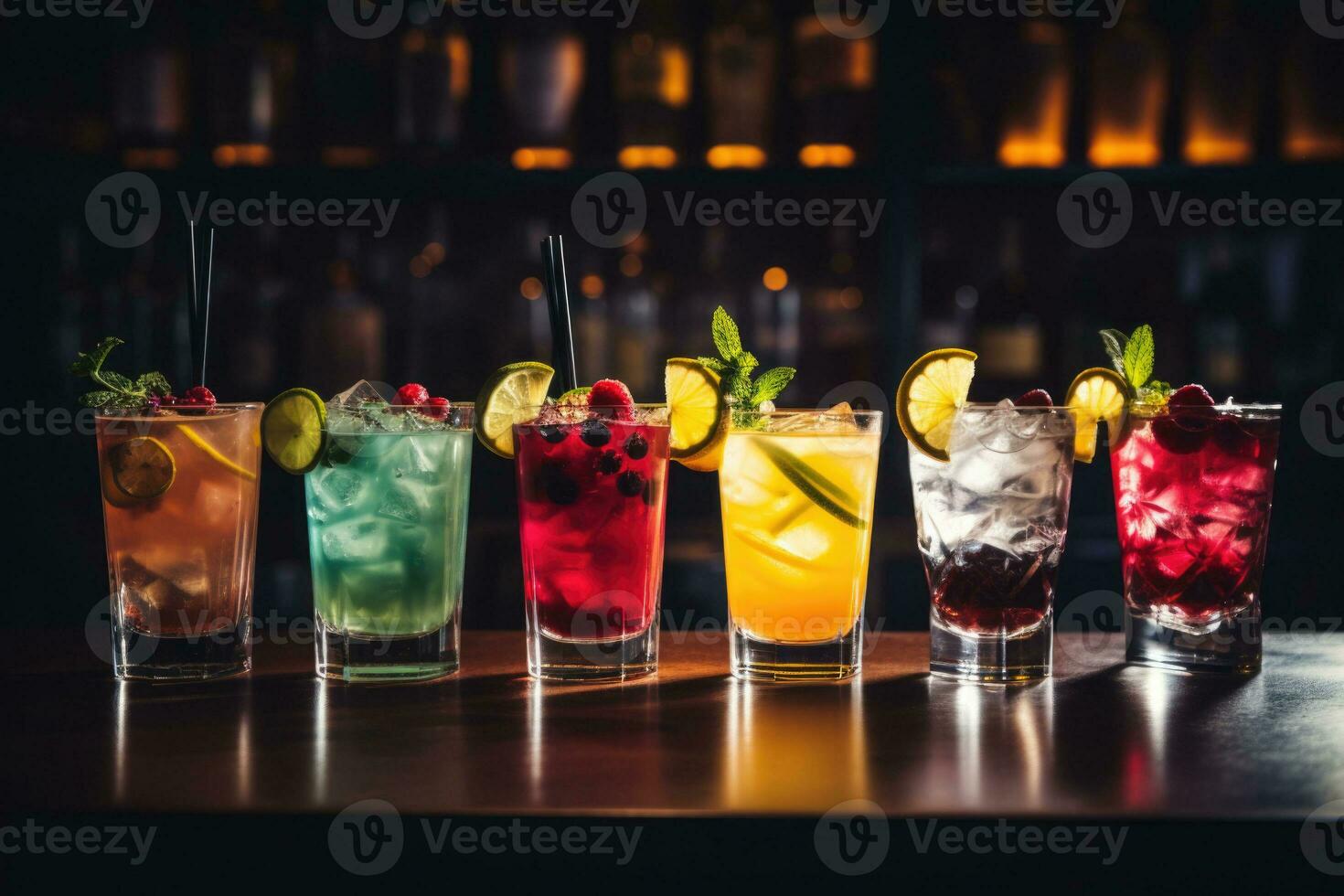 Cocktails assortment served on dark background. Classic drink menu concept. Front view. AI generated photo