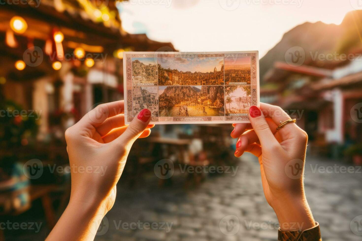 Unrecognizable tourist holds postcard in front of natural landscape. AI generated photo