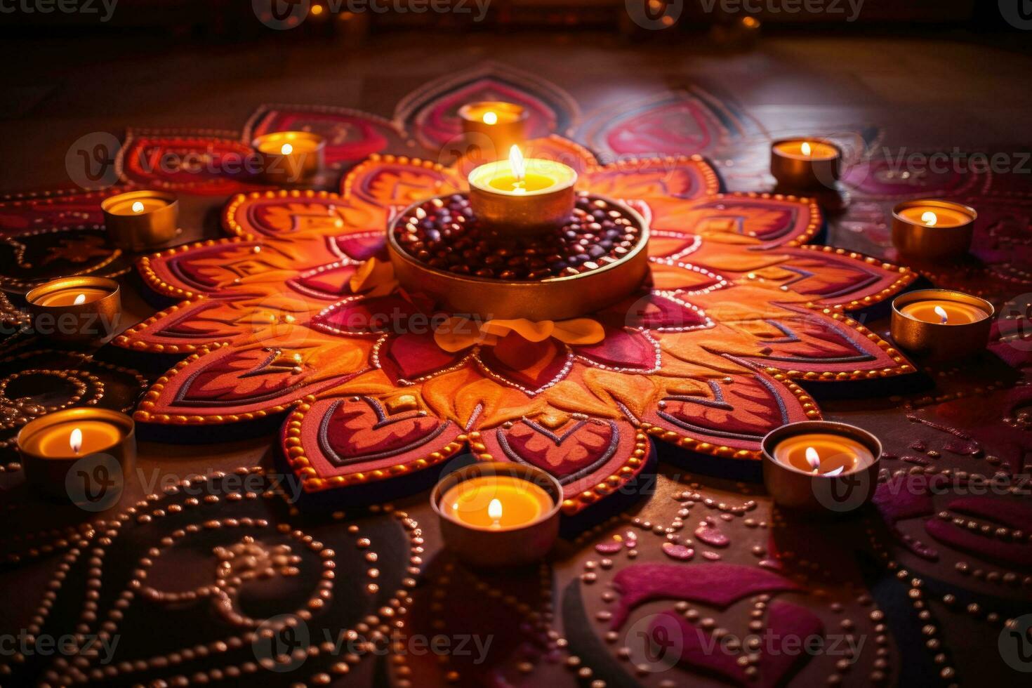 Lamps lit during diwali celebration. Lighting candles in rangoli patterns. AI generated photo