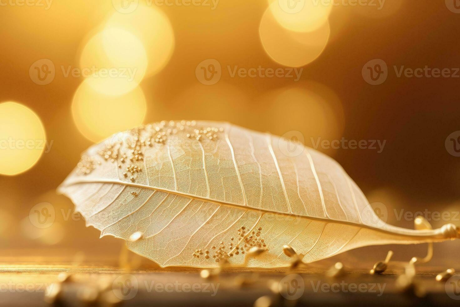 Close up white skeletonized leaf on golden background with round bokeh. Generative AI photo