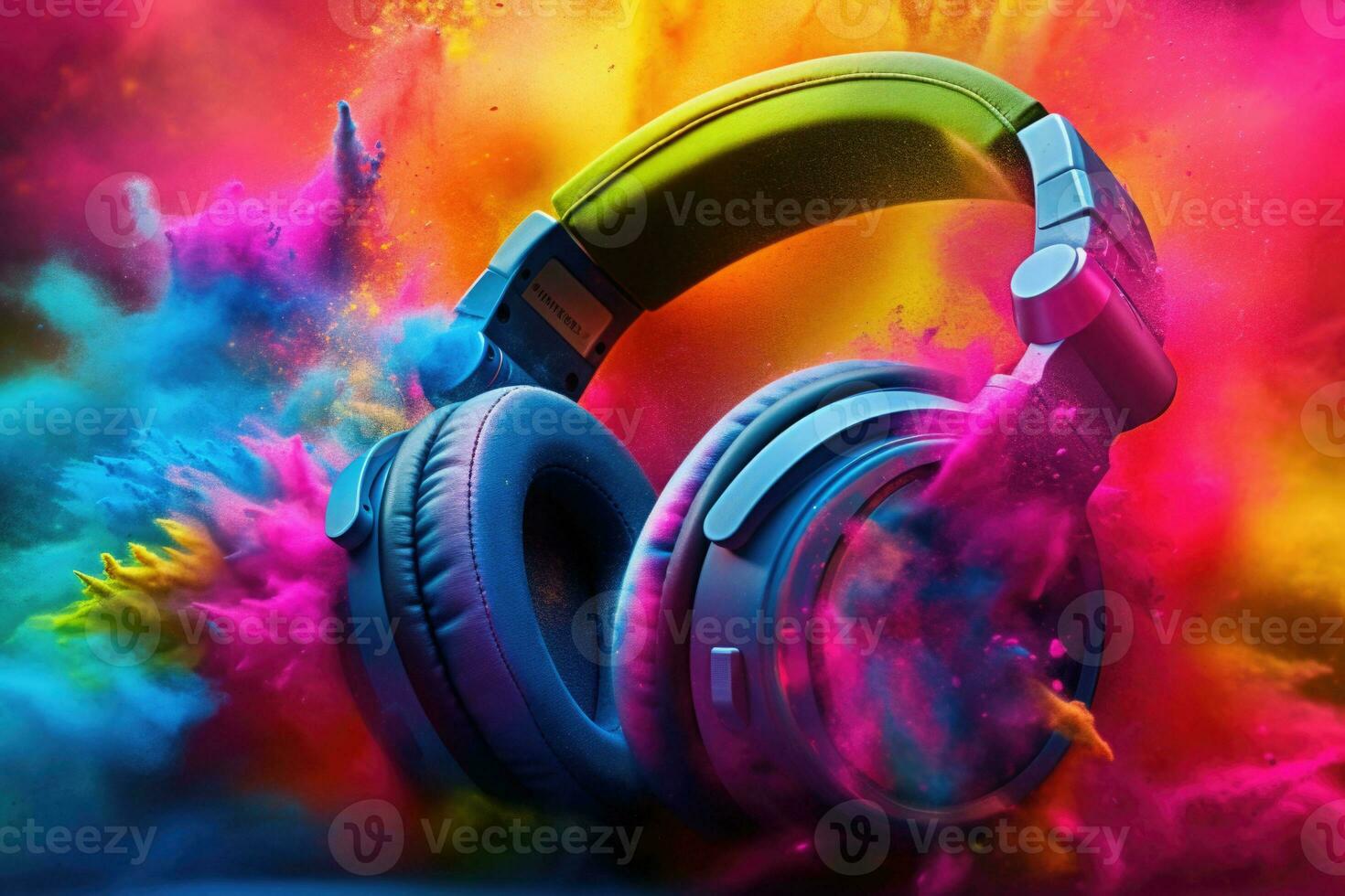 Headphone and vivid color powder on black background. Generative AI photo