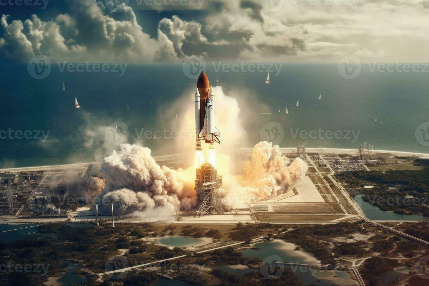 Space shuttle launch taken from space. Aerial earth photography from outer space. Generative AI photo