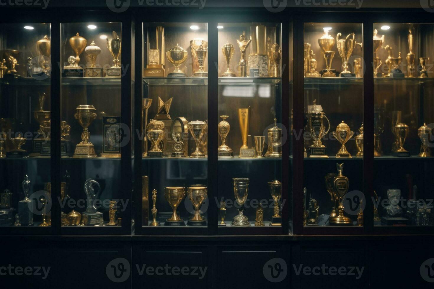 Trophy display case shelf made of glass and wood full of gold and