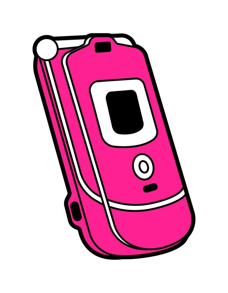 Flat vector illustration of old gadget, 00s elements. Pink retro phone clamshell.