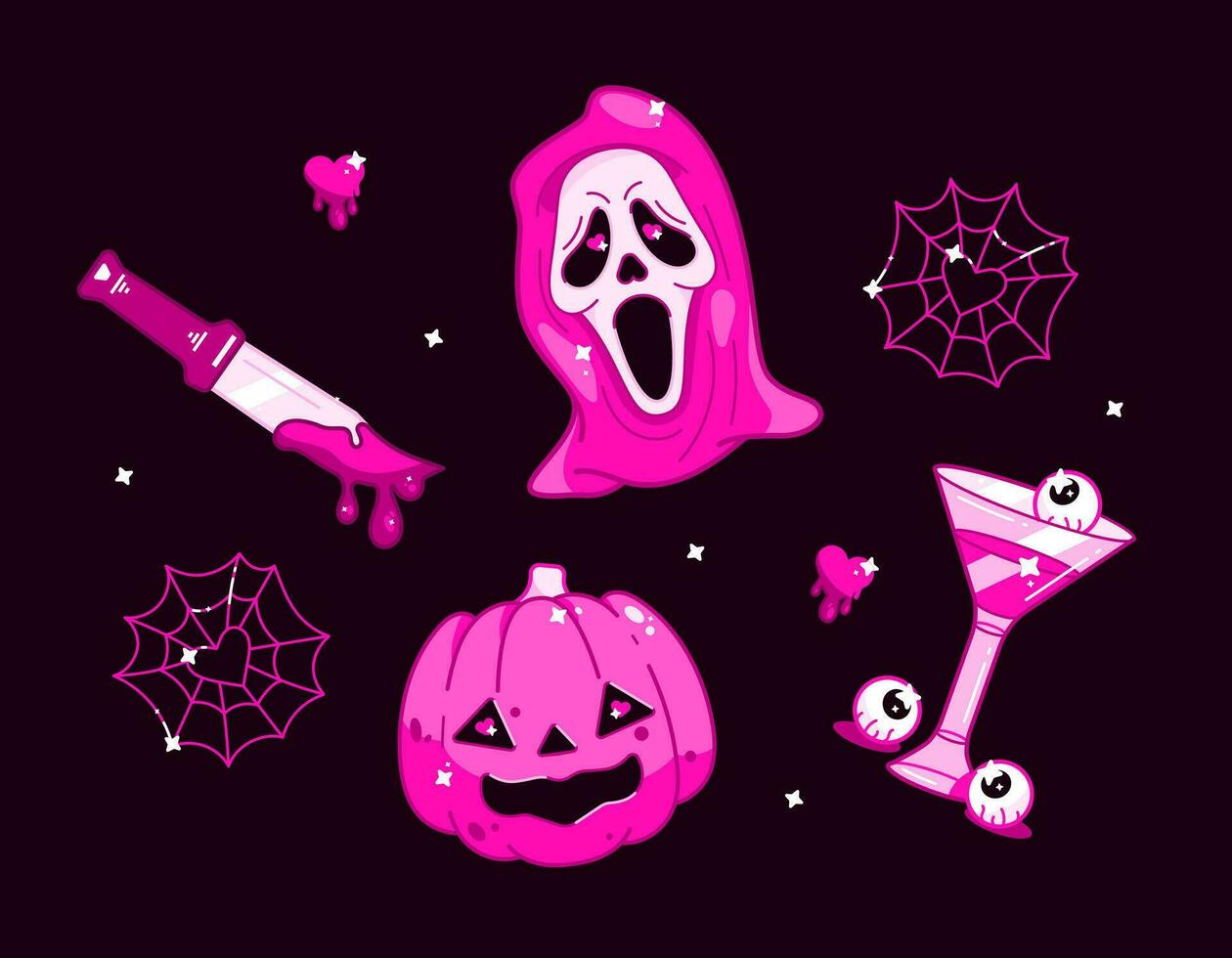 Pink doll set for Happy Halloween. A mask from a horror film, a pumpkin, a cocktail, a knife in the blood and a cobweb. Cool stickers of 90s and 00s elements. vector