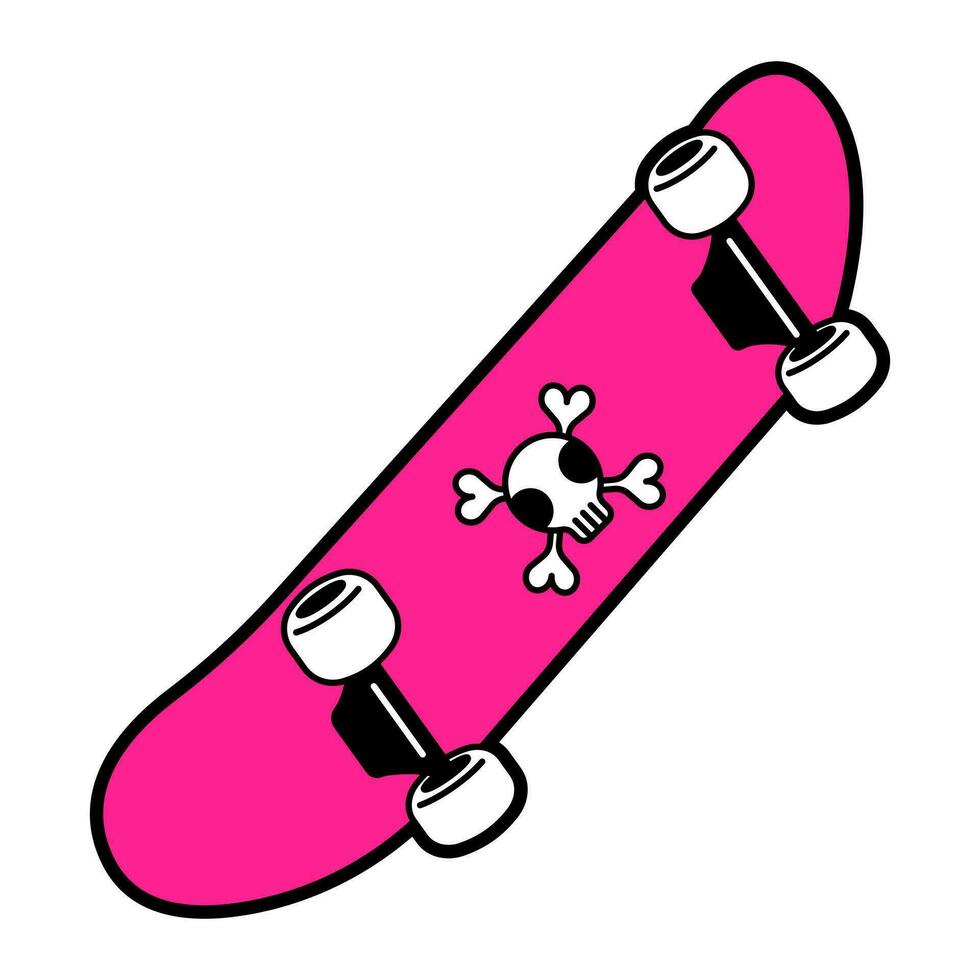 Flat bright vector illustration of a skull and crossbones print skateboard. Pink and black