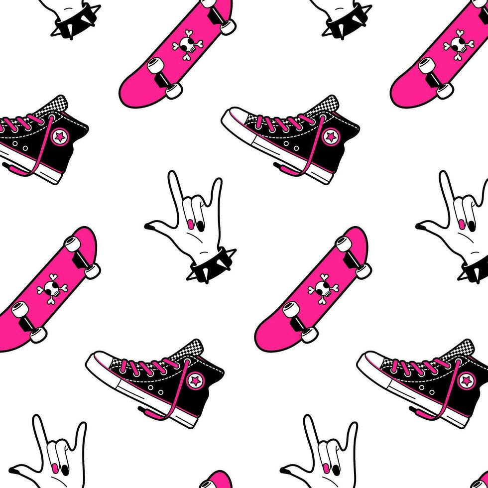 Seamless vector pattern of sneakers on the theme of the 80s 90s 00s for clothing, print, packaging. Bright acid colors.