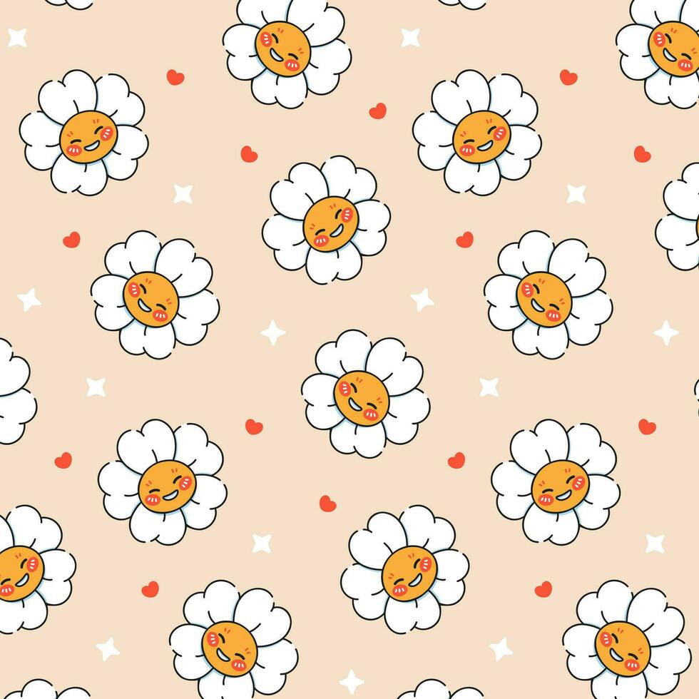 Stay groovy. Seamless pattern of bright trippy retro daisies characters. Nostalgia for the 60s, 70s vector