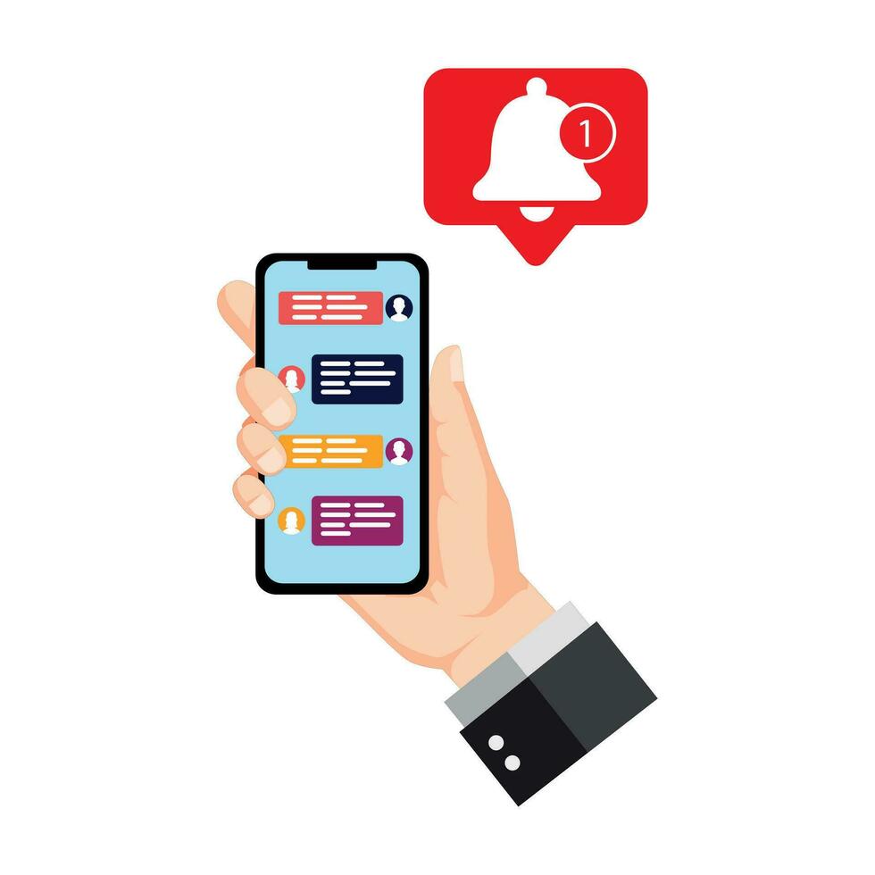 vector of human hand holding cell phone and bell notification