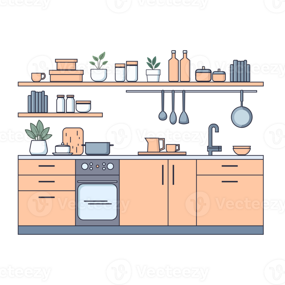 Flat illustration of modern kitchen interior with furniture, appliances and utensils png