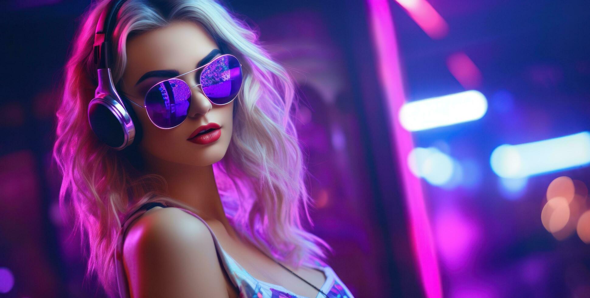 Attractive woman in a dj headphonesand sunglasse photo