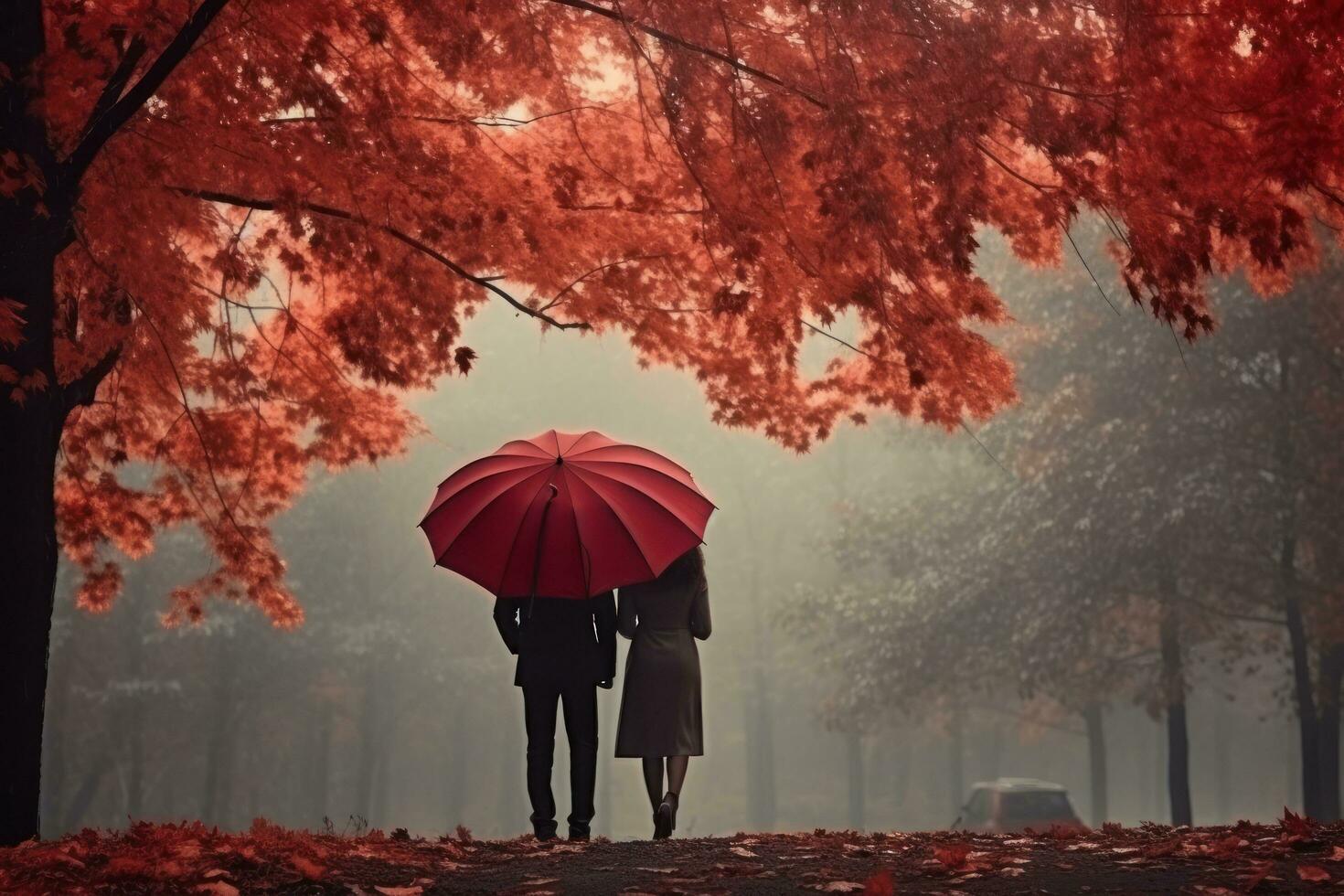 Person with red unbrella under the rain photo