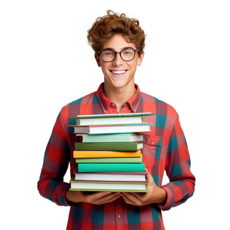 Happy student boy with books isolated photo