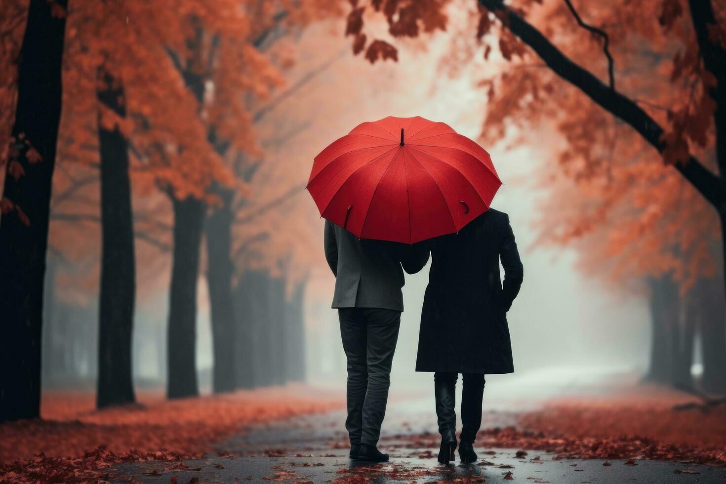 Person with red unbrella under the rain photo
