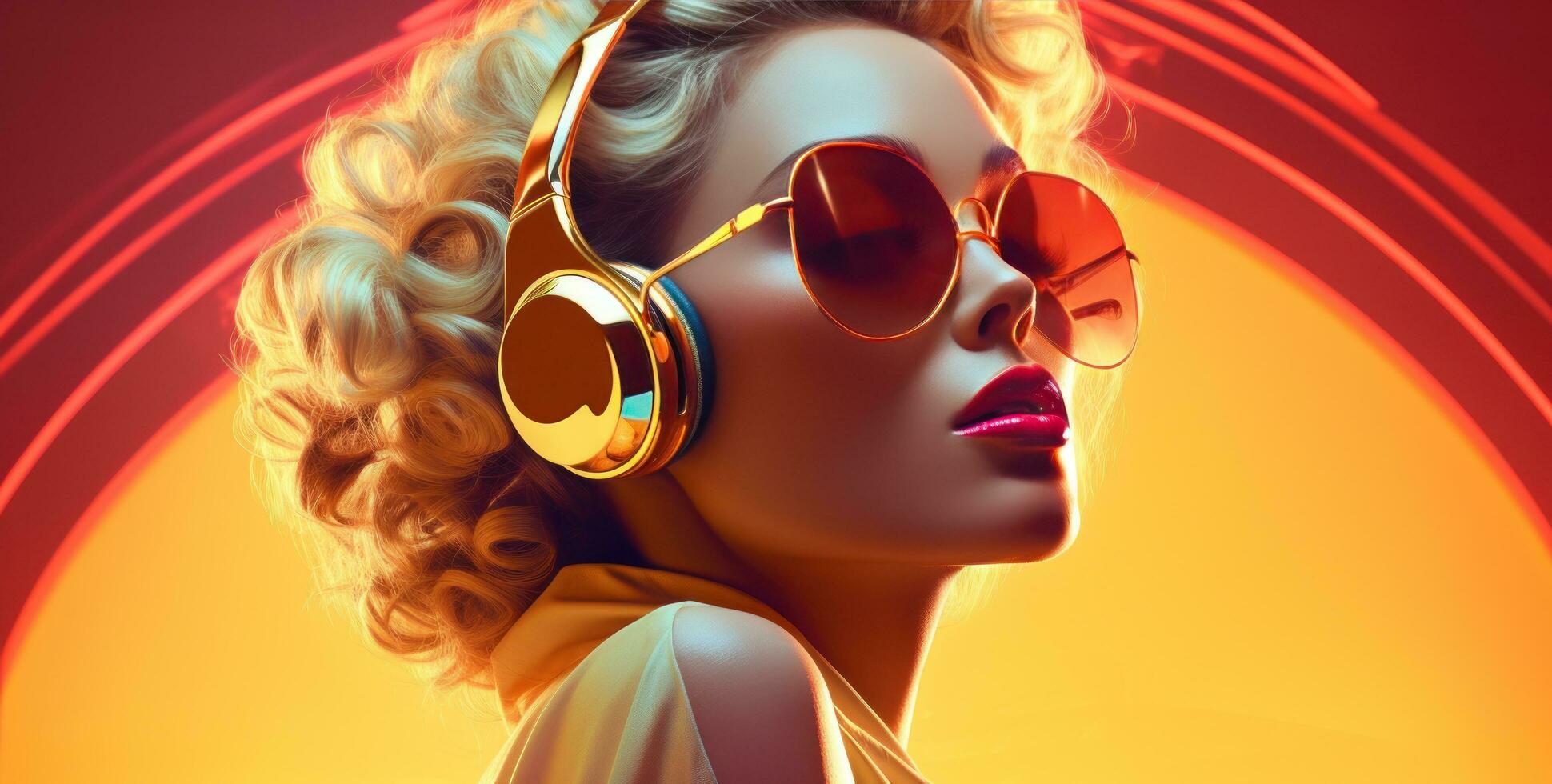 Cool disco girl wearing huge headphones and sunglasses photo