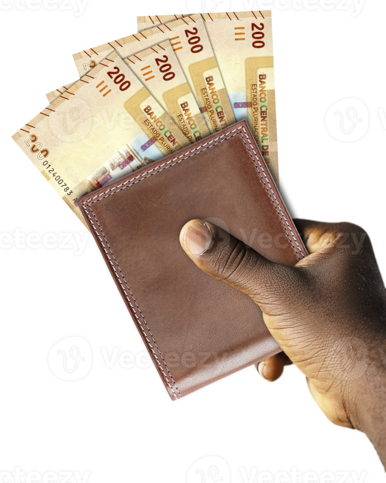 Black Hand Holding brown wallet With Bolivian boliviano notes. png