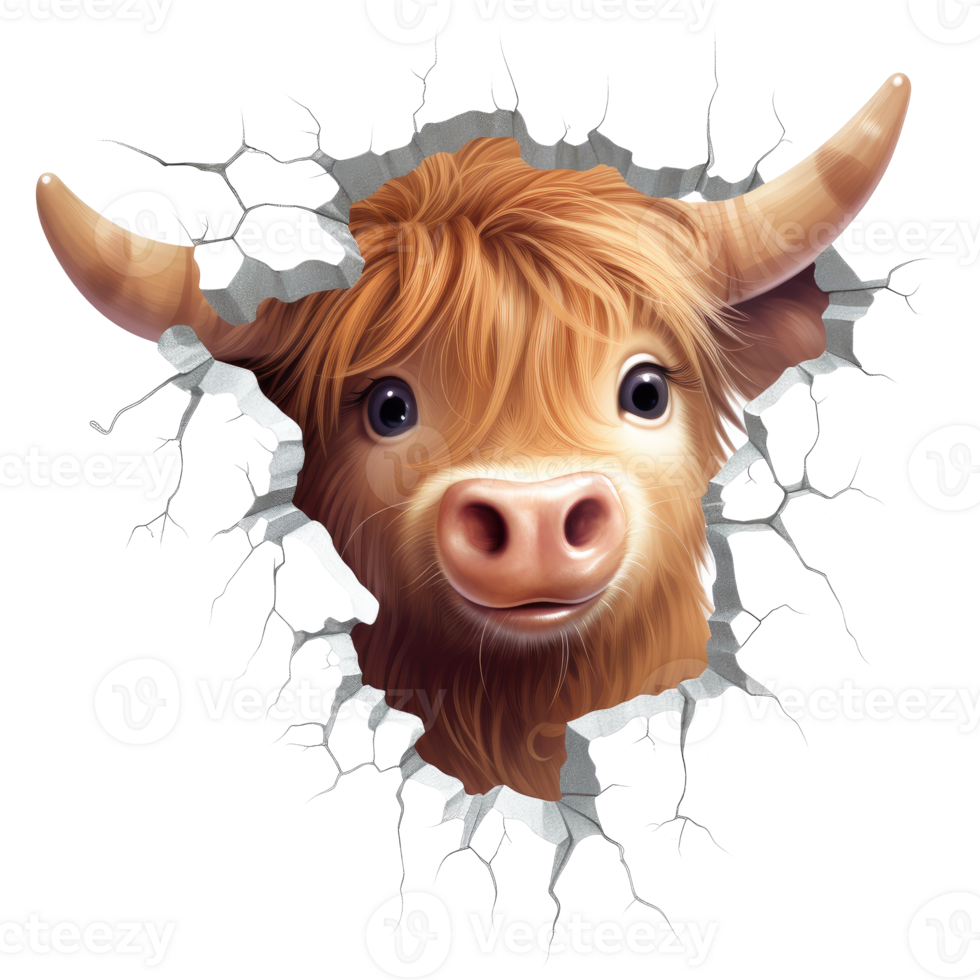 Highland Cow Peeking Out From Wall - Generative Ai png