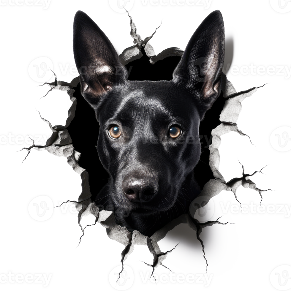 Black Dog Peeking Out From Broken Wall - Generative Ai png