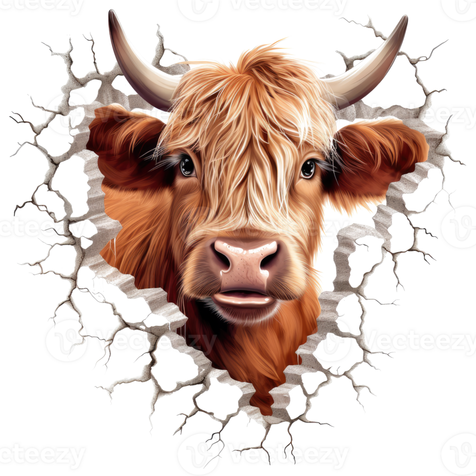 Highland Cow Peeking Out From Wall - Generative Ai png
