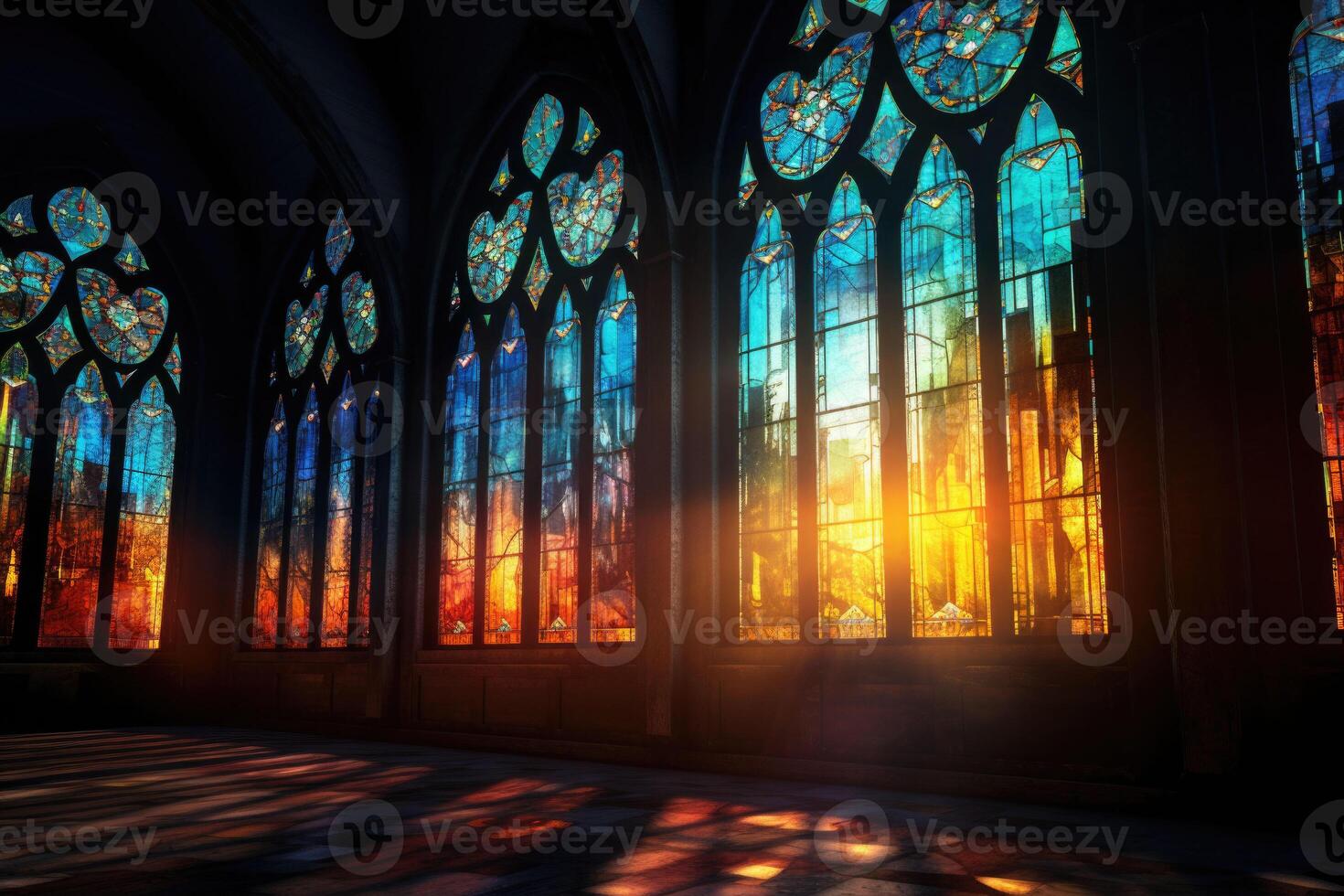 Colorful stained glass window of a church with rays emanating from it. Generative AI photo