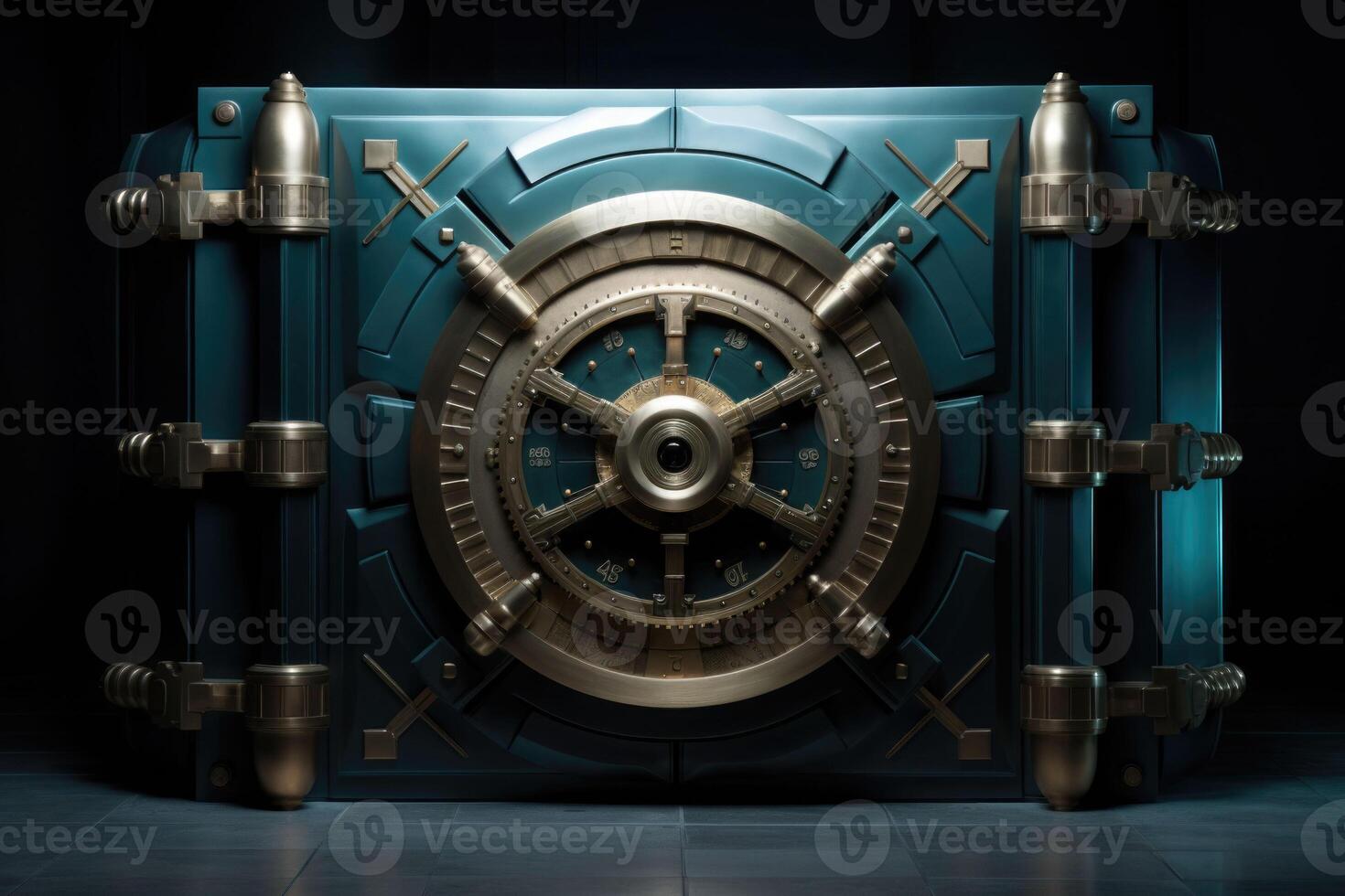 Front view of closed bank vault door. photo