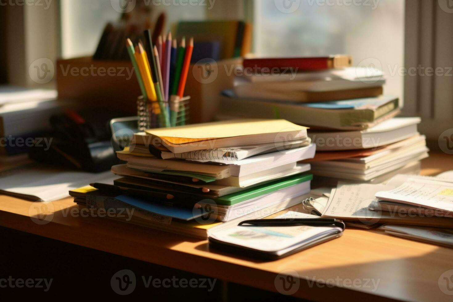 Office desk with an organized stack of papers. Unfinished documents on office desk. Generative AI photo
