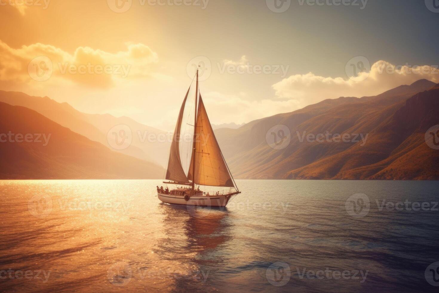 Sailboat in the sea in the evening sunlight over beautiful big mountains background. photo