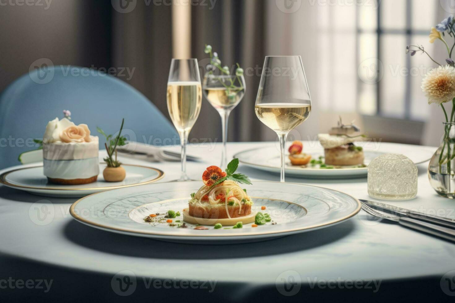 Refined and elegant restaurant cuisine in pastel colors on light background. Generative AI photo