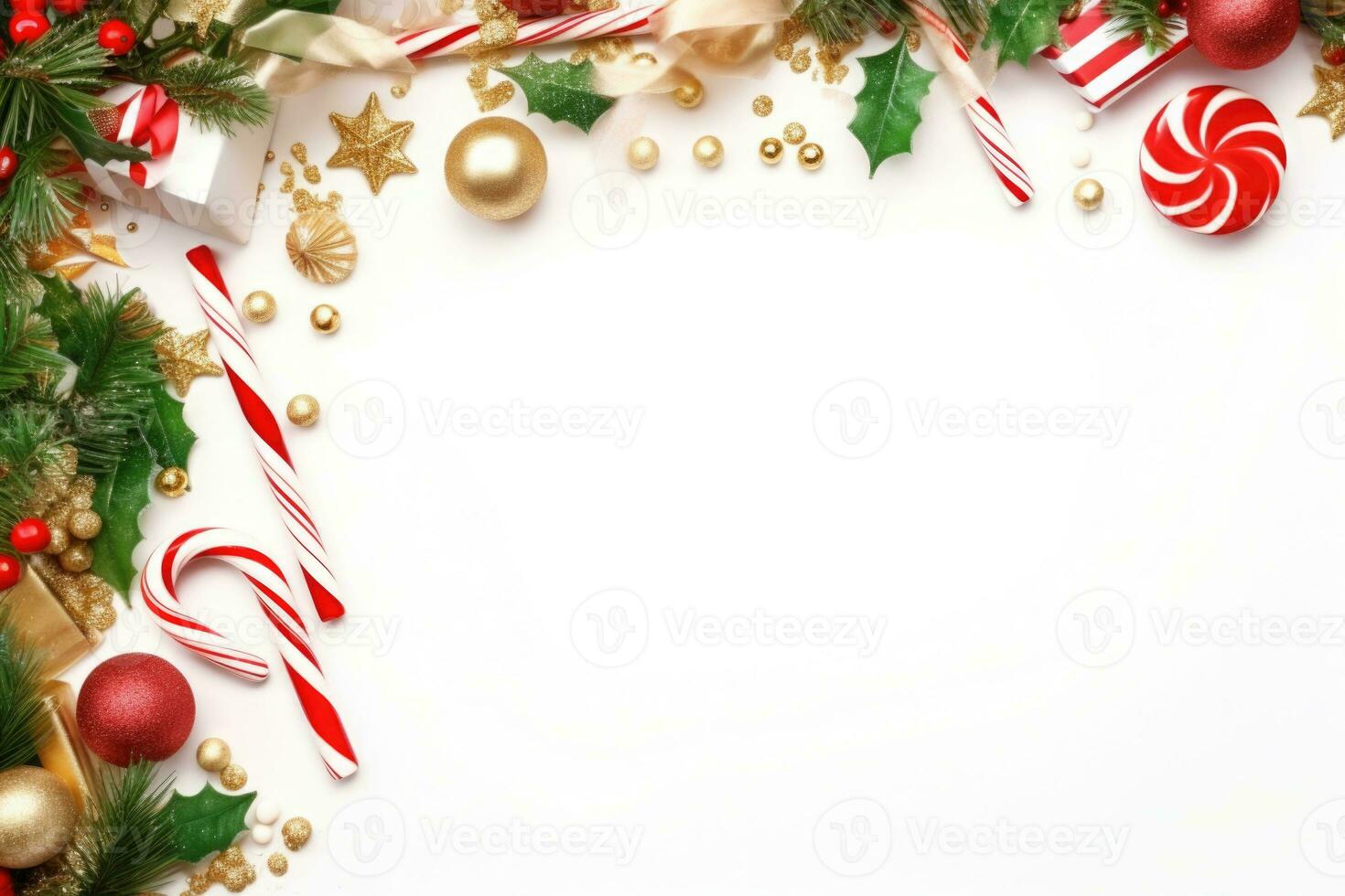 Christmas frame flat lay with pine, presents, golden elements, candy canes, confetti. AI generated photo