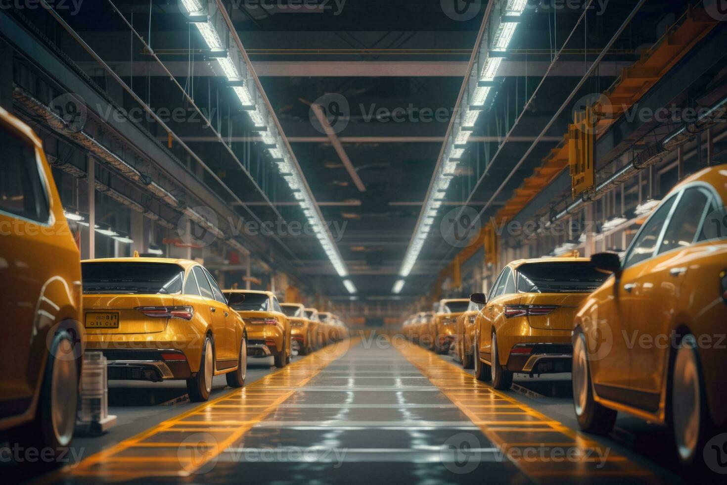 Modern technological car factory. Automated assembly line. Generative AI photo