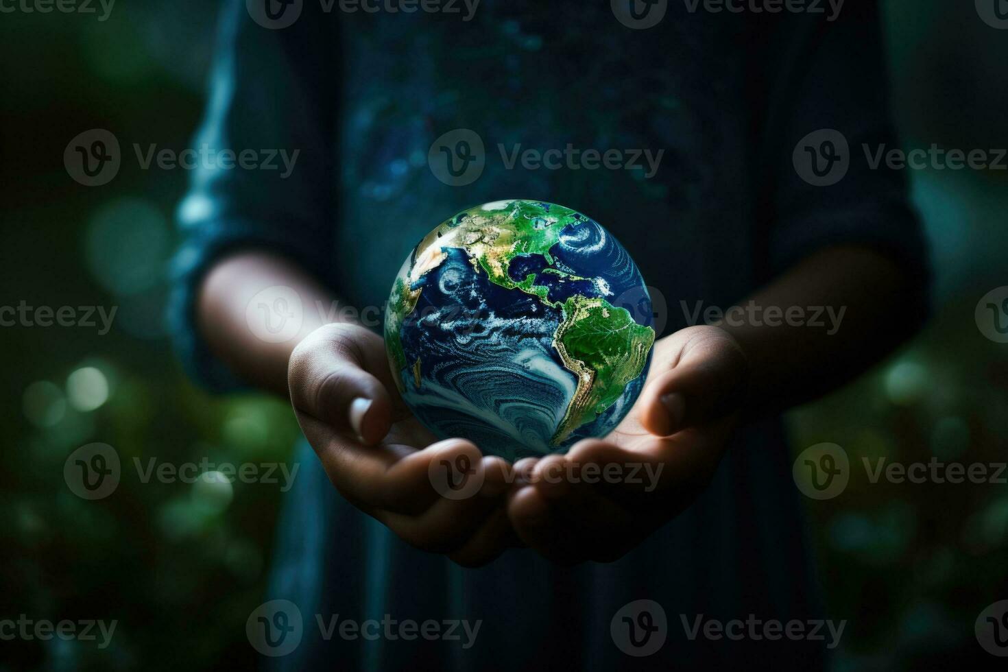 Childs hands holding earth global over blurred background. Generative AI photo