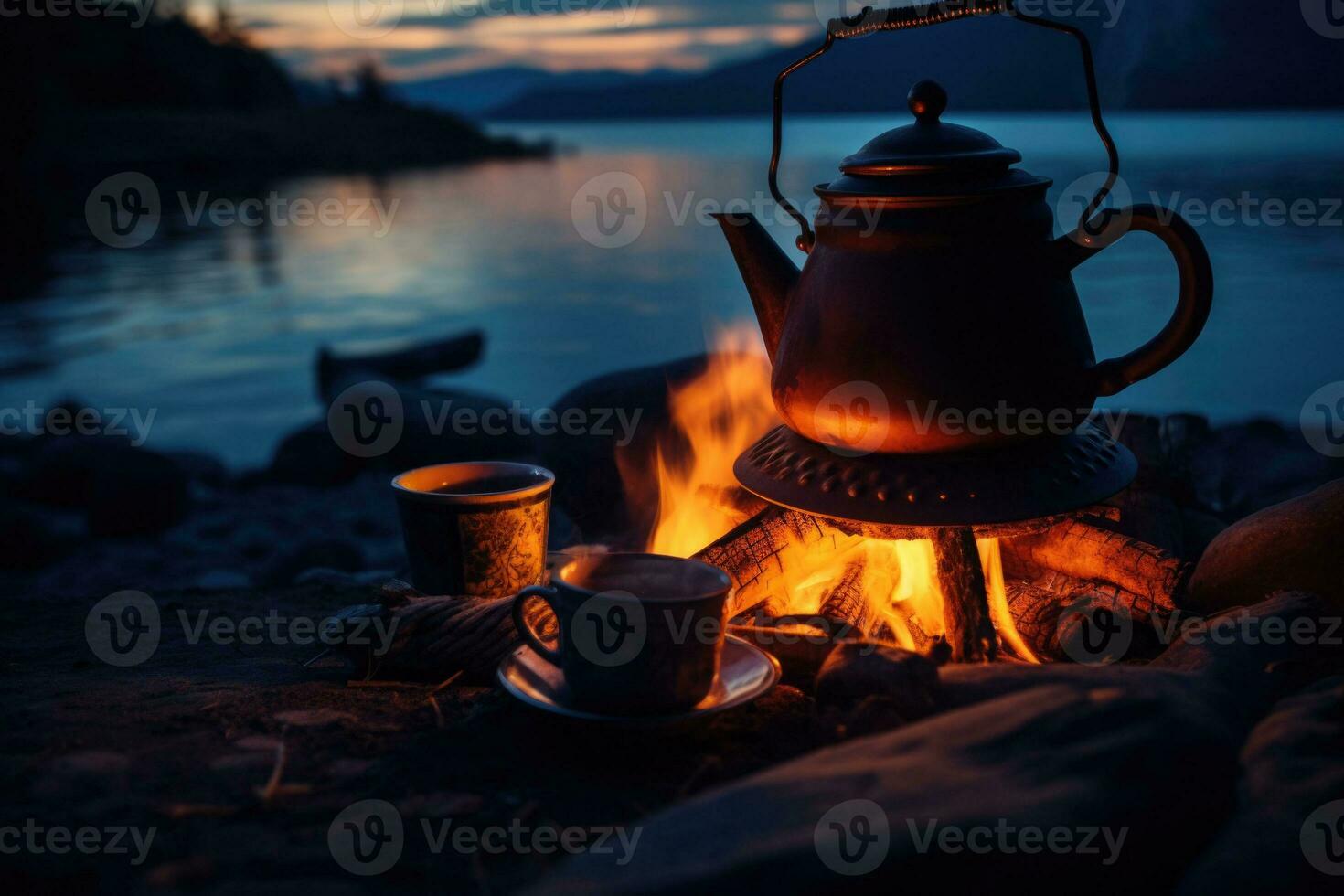 Tea Kettle on Open Fire. Tea in the Camping Stock Image - Image of