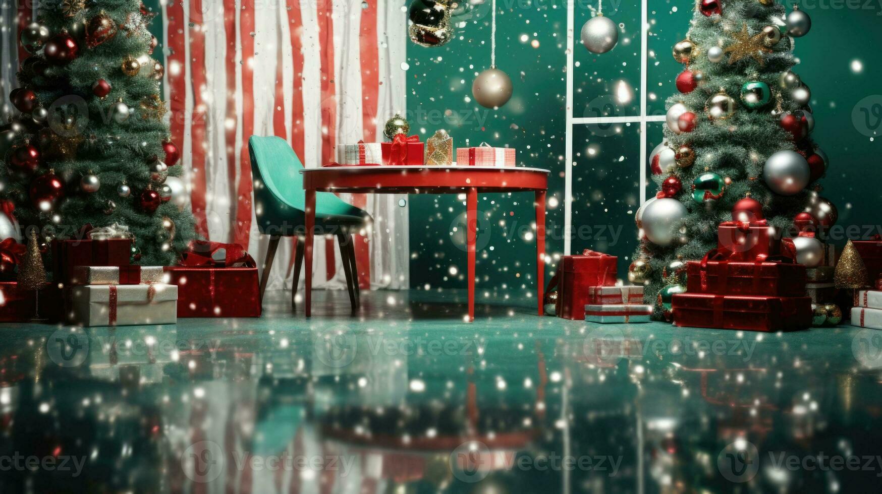 Winter or christmas cozy interior. Decorations, christmas tree, gifts and accessories. Red and green color. AI generated photo