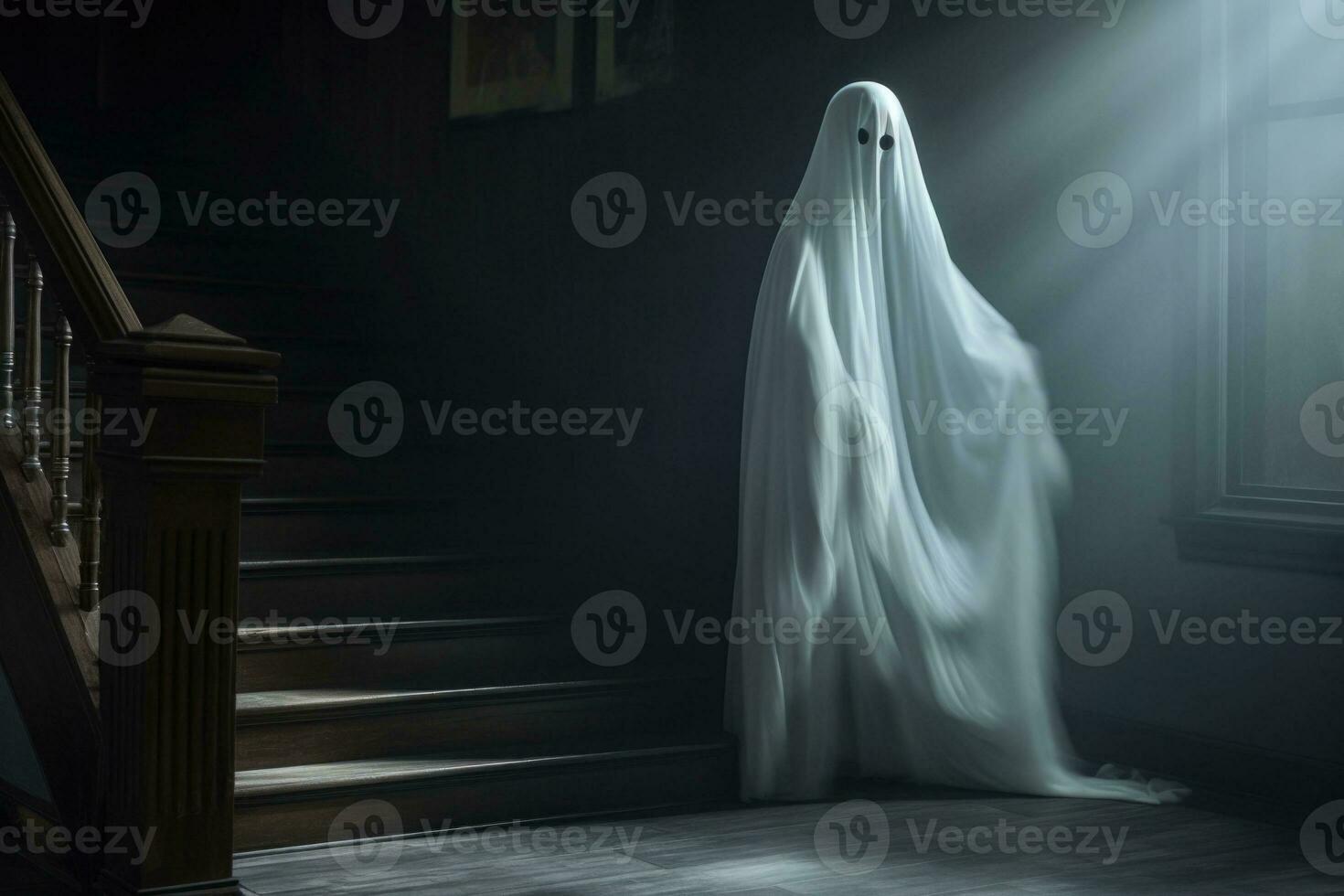 Realistic white scary ghost. AI generated photo