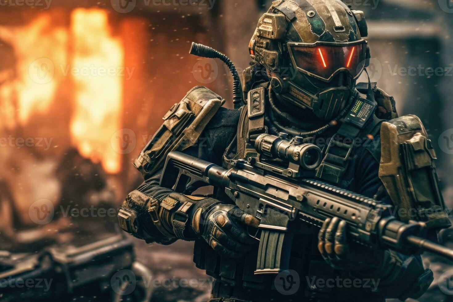 Warrior in body armor and with a machine gun. Man in an modern armor. Generative AI photo