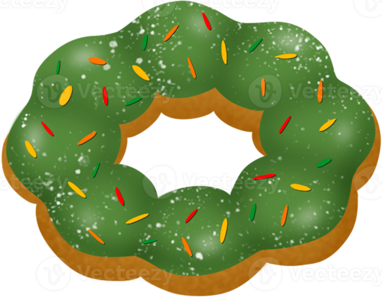 Matcha doughnut, Pon De Ring donut, matcha flavour, sprinkles and icing, mochi donut png