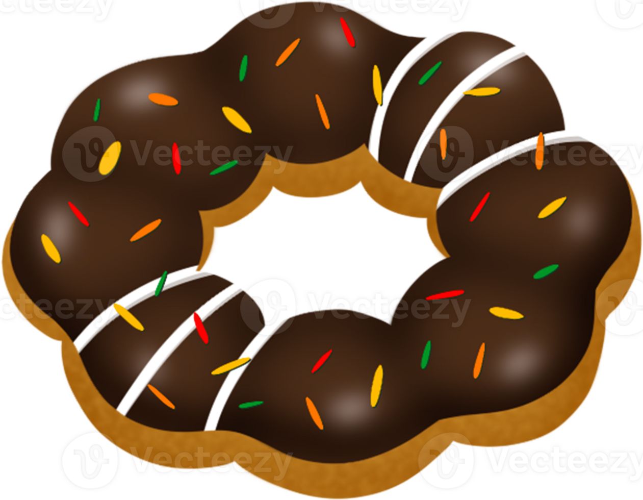 Chocolate pon de ring, chocolate donut, sprinkles and white chocolate sauce, mochi donut png