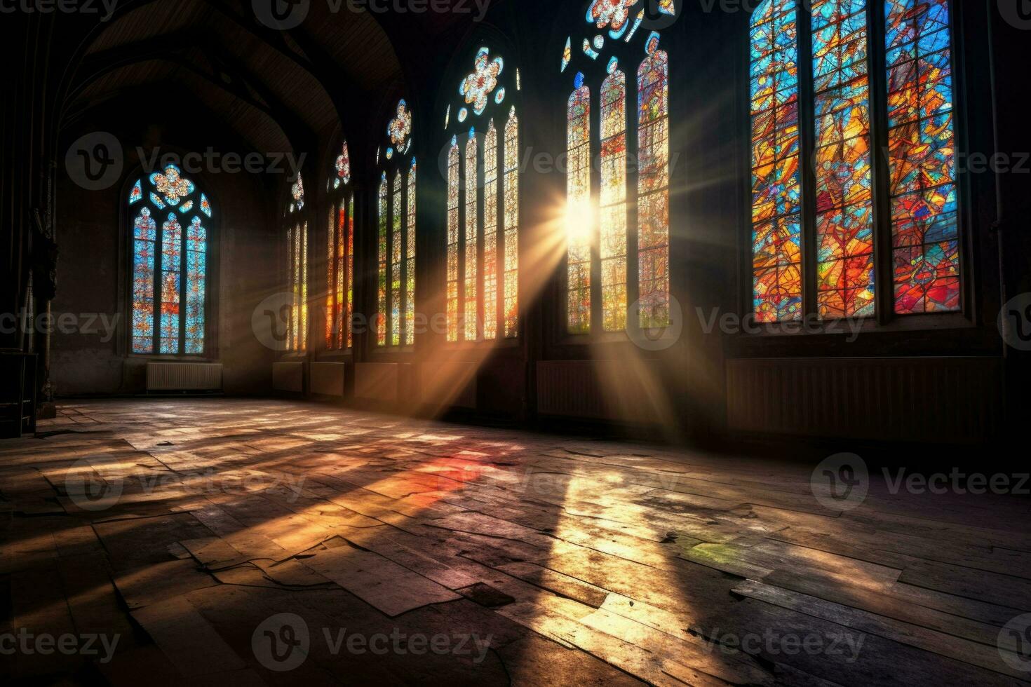 Colorful stained glass window of a church with rays emanating from it. Generative AI photo